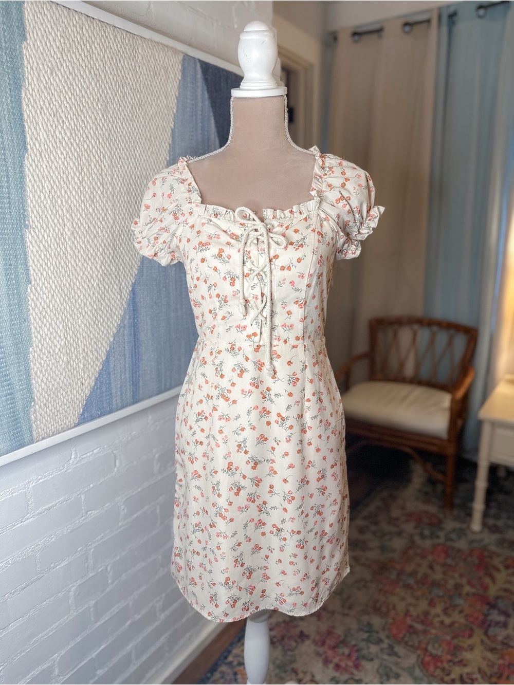 NastyGal Cream and Red Floral Lace Up Cottagecore Dress